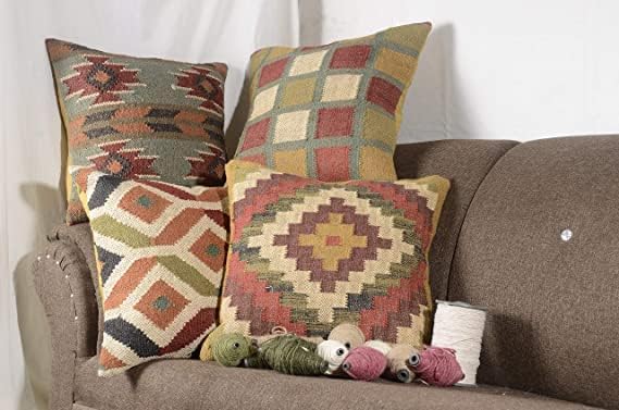 Boho Throw Pillow Covers Set of 4 | Handcrafted Kilim Wool & Jute Cushion Covers | 18x18 Inch Ethnic Decorative Pillowcases for Sofa, Couch, Bedroom & Living Room – Pattern 12