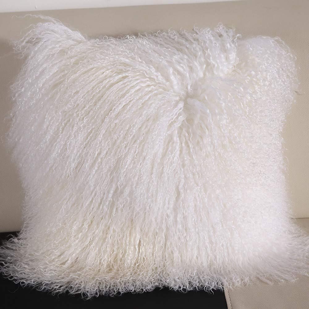 Real 100% Tibetan Mongolian Lamb Sheepskin Wool Fur Throw Pillow Covers White 18x18 Inch, Super Soft Plush Leather Accent Pillowcase Decorative Cushion Cover for Living Room Bedroom