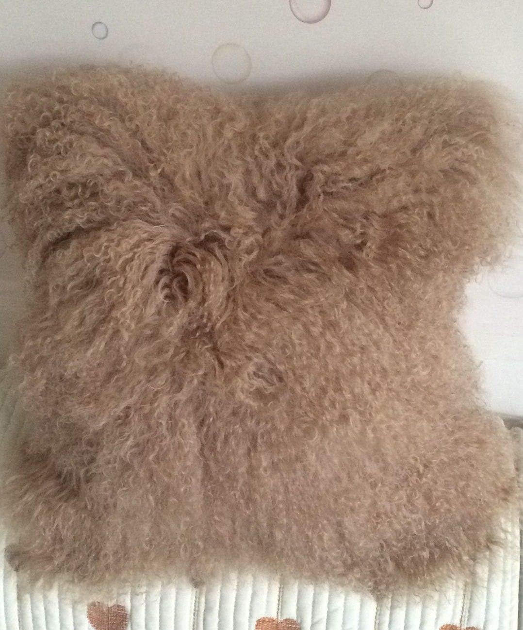 Seek4comfortable Mongolian Lamb Fur Throw Pillow Cover Real Fur Decorative Cushion Cover Pillow Case Home Decorative Square Throw Pillow Cover Plain Wool Pillow Protector, Khaki (18"x18")