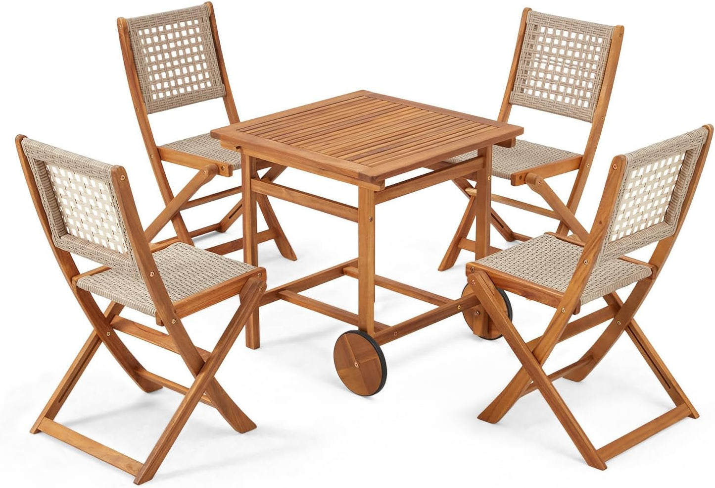 Outdoor Folding Chairs Set of 2, Wooden Patio Dining Chairs with High Back, Grey Rattan Farmhouse Style Deck Chair for Backyard, Porch, or Indoor Use