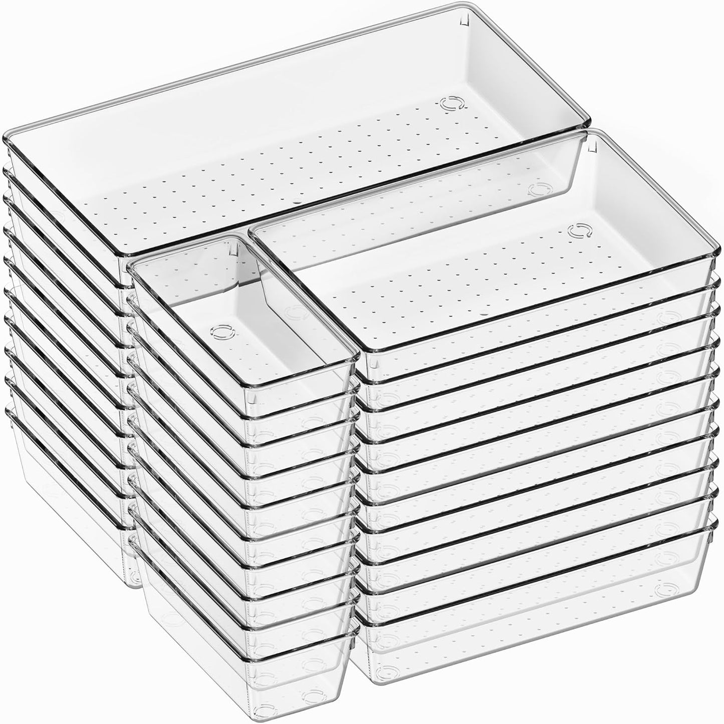 Criusia 21 Pack Large Clear Plastic Drawer Organizer Trays | BPA-Free Acrylic Organizer Bins for Large Kitchen Utensils, Bathroom, Makeup, Jewelries, Office Desk, School Supplies, Perfume