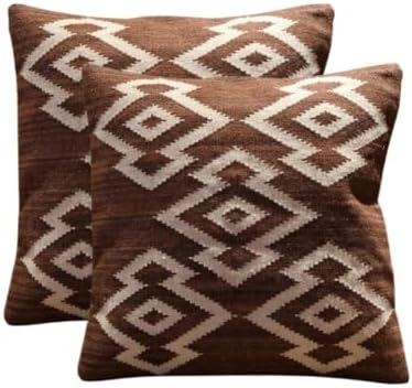 Handmade 100% Wool Kilim Pillow Cover – 18x18 Inches, Durable Indian Cushion Case, Premium New Zealand Wool for Home Decor (Orange, Pack of 1)