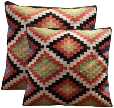 Handmade 100% Wool Kilim Pillow Cover – 18x18 Inches, Durable Indian Cushion Case, Premium New Zealand Wool for Home Decor (Orange, Pack of 1)