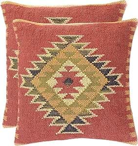 Boho Throw Pillow Covers Set of 4 | Handcrafted Kilim Wool & Jute Cushion Covers | 18x18 Inch Ethnic Decorative Pillowcases for Sofa, Couch, Bedroom & Living Room – Pattern 12
