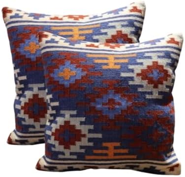 Handmade 100% Wool Kilim Pillow Cover – 18x18 Inches, Durable Indian Cushion Case, Premium New Zealand Wool for Home Decor (Orange, Pack of 1)
