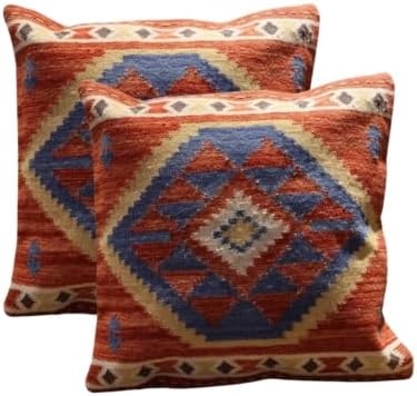 Handmade 100% Wool Kilim Pillow Cover – 18x18 Inches, Durable Indian Cushion Case, Premium New Zealand Wool for Home Decor (Orange, Pack of 1)