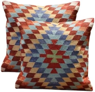 Handmade 100% Wool Kilim Pillow Cover – 18x18 Inches, Durable Indian Cushion Case, Premium New Zealand Wool for Home Decor (Orange, Pack of 1)