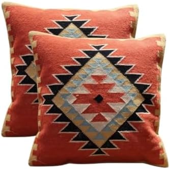 Handmade 100% Wool Kilim Pillow Cover – 18x18 Inches, Durable Indian Cushion Case, Premium New Zealand Wool for Home Decor (Orange, Pack of 1)