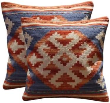 Handmade 100% Wool Kilim Pillow Cover – 18x18 Inches, Durable Indian Cushion Case, Premium New Zealand Wool for Home Decor (Orange, Pack of 1)