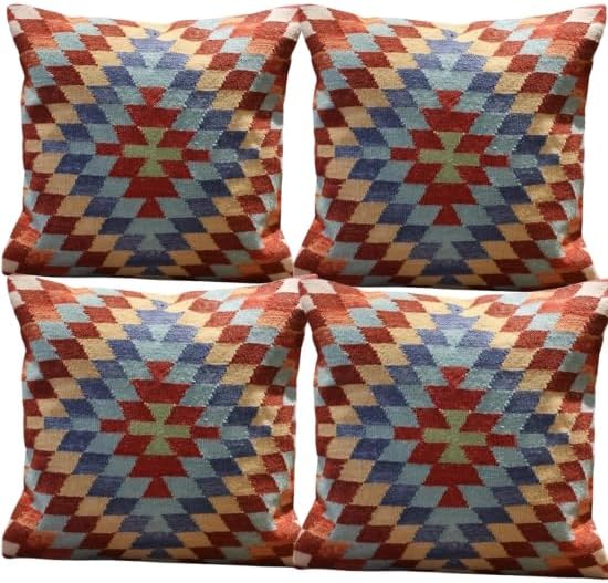 Handmade 100% Wool Kilim Pillow Cover – 18x18 Inches, Durable Indian Cushion Case, Premium New Zealand Wool for Home Decor (Orange, Pack of 1)