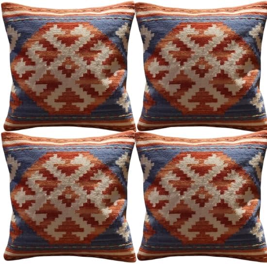 Handmade 100% Wool Kilim Pillow Cover – 18x18 Inches, Durable Indian Cushion Case, Premium New Zealand Wool for Home Decor (Orange, Pack of 1)