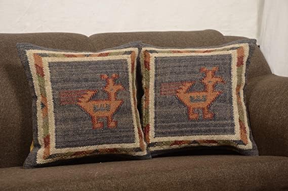 Boho Throw Pillow Covers Set of 4 | Handcrafted Kilim Wool & Jute Cushion Covers | 18x18 Inch Ethnic Decorative Pillowcases for Sofa, Couch, Bedroom & Living Room – Pattern 12
