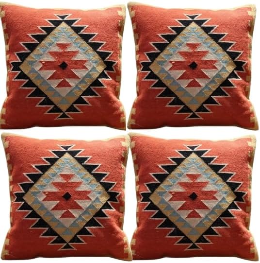 Handmade 100% Wool Kilim Pillow Cover – 18x18 Inches, Durable Indian Cushion Case, Premium New Zealand Wool for Home Decor (Orange, Pack of 1)