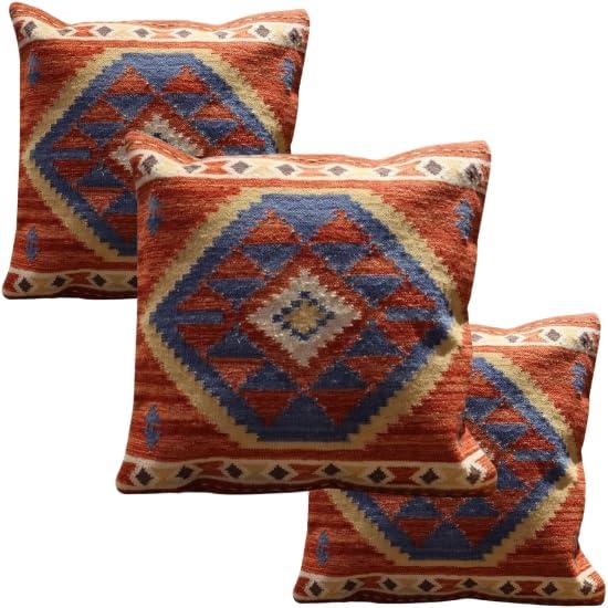 Handmade 100% Wool Kilim Pillow Cover – 18x18 Inches, Durable Indian Cushion Case, Premium New Zealand Wool for Home Decor (Orange, Pack of 1)