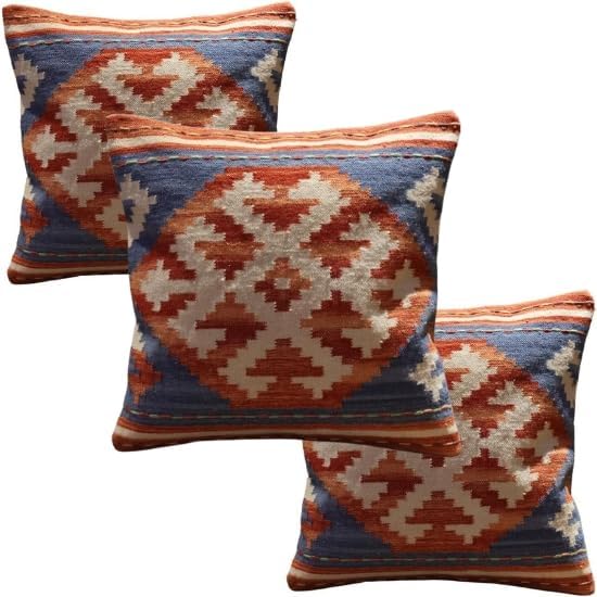 Handmade 100% Wool Kilim Pillow Cover – 18x18 Inches, Durable Indian Cushion Case, Premium New Zealand Wool for Home Decor (Orange, Pack of 1)