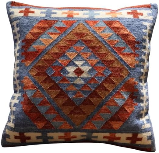 Handmade 100% Wool Kilim Pillow Cover – 18x18 Inches, Durable Indian Cushion Case, Premium New Zealand Wool for Home Decor (Orange, Pack of 1)