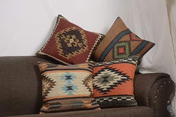 Boho Throw Pillow Covers Set of 4 | Handcrafted Kilim Wool & Jute Cushion Covers | 18x18 Inch Ethnic Decorative Pillowcases for Sofa, Couch, Bedroom & Living Room – Pattern 12