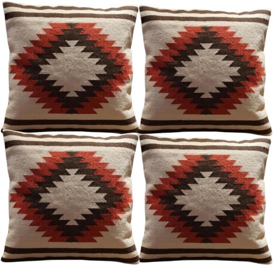 Handmade 100% Wool Kilim Pillow Cover – 18x18 Inches, Durable Indian Cushion Case, Premium New Zealand Wool for Home Decor (Orange, Pack of 1)