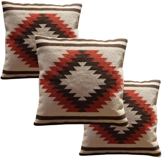 Handmade 100% Wool Kilim Pillow Cover – 18x18 Inches, Durable Indian Cushion Case, Premium New Zealand Wool for Home Decor (Orange, Pack of 1)