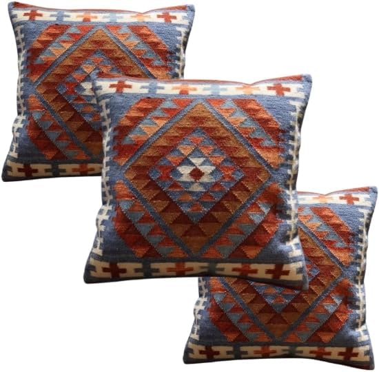 Handmade 100% Wool Kilim Pillow Cover – 18x18 Inches, Durable Indian Cushion Case, Premium New Zealand Wool for Home Decor (Orange, Pack of 1)