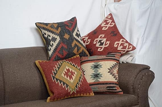 Boho Throw Pillow Covers Set of 4 | Handcrafted Kilim Wool & Jute Cushion Covers | 18x18 Inch Ethnic Decorative Pillowcases for Sofa, Couch, Bedroom & Living Room – Pattern 12