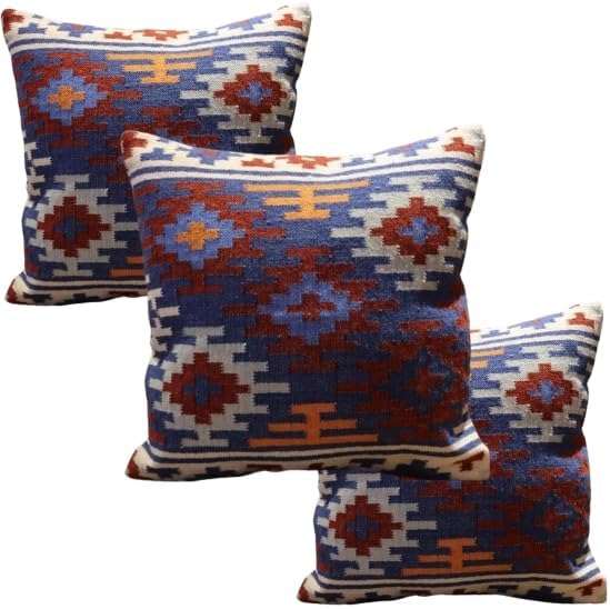 Handmade 100% Wool Kilim Pillow Cover – 18x18 Inches, Durable Indian Cushion Case, Premium New Zealand Wool for Home Decor (Orange, Pack of 1)