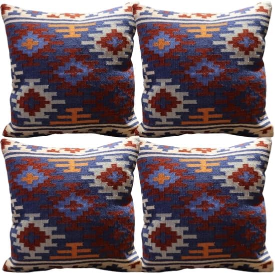 Handmade 100% Wool Kilim Pillow Cover – 18x18 Inches, Durable Indian Cushion Case, Premium New Zealand Wool for Home Decor (Orange, Pack of 1)
