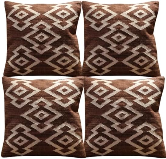 Handmade 100% Wool Kilim Pillow Cover – 18x18 Inches, Durable Indian Cushion Case, Premium New Zealand Wool for Home Decor (Orange, Pack of 1)