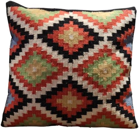 Handmade 100% Wool Kilim Pillow Cover – 18x18 Inches, Durable Indian Cushion Case, Premium New Zealand Wool for Home Decor (Orange, Pack of 1)