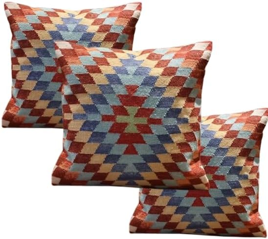 Handmade 100% Wool Kilim Pillow Cover – 18x18 Inches, Durable Indian Cushion Case, Premium New Zealand Wool for Home Decor (Orange, Pack of 1)