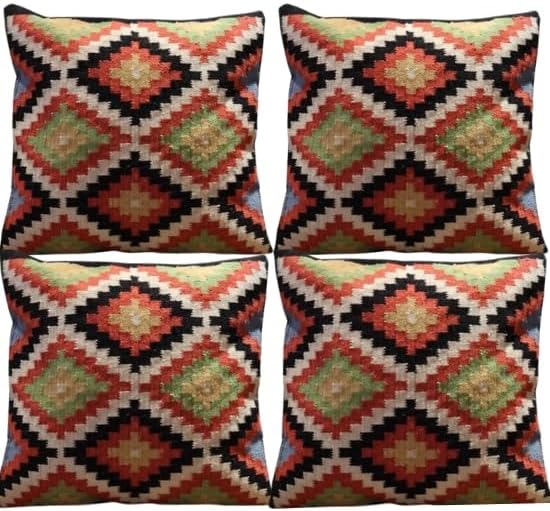 Handmade 100% Wool Kilim Pillow Cover – 18x18 Inches, Durable Indian Cushion Case, Premium New Zealand Wool for Home Decor (Orange, Pack of 1)