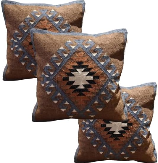 Handmade 100% Wool Kilim Pillow Cover – 18x18 Inches, Durable Indian Cushion Case, Premium New Zealand Wool for Home Decor (Orange, Pack of 1)