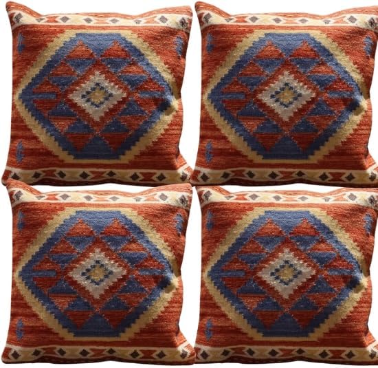 Handmade 100% Wool Kilim Pillow Cover – 18x18 Inches, Durable Indian Cushion Case, Premium New Zealand Wool for Home Decor (Orange, Pack of 1)