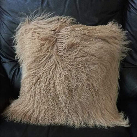 Seek4comfortable Mongolian Lamb Fur Throw Pillow Cover Real Fur Decorative Cushion Cover Pillow Case Home Decorative Square Throw Pillow Cover Plain Wool Pillow Protector, Khaki (18"x18")