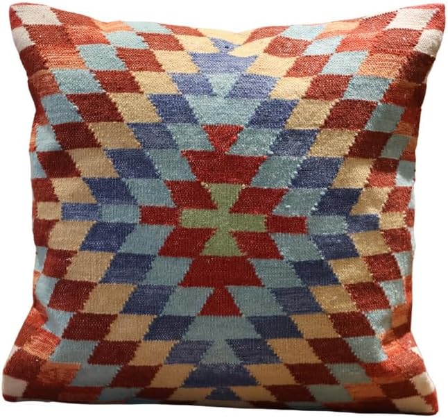 Handmade 100% Wool Kilim Pillow Cover – 18x18 Inches, Durable Indian Cushion Case, Premium New Zealand Wool for Home Decor (Orange, Pack of 1)