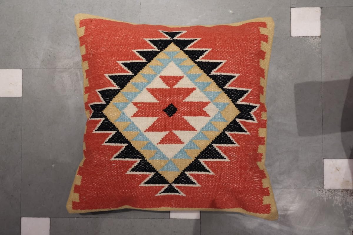 Handmade 100% Wool Kilim Pillow Cover – 18x18 Inches, Durable Indian Cushion Case, Premium New Zealand Wool for Home Decor (Orange, Pack of 1)