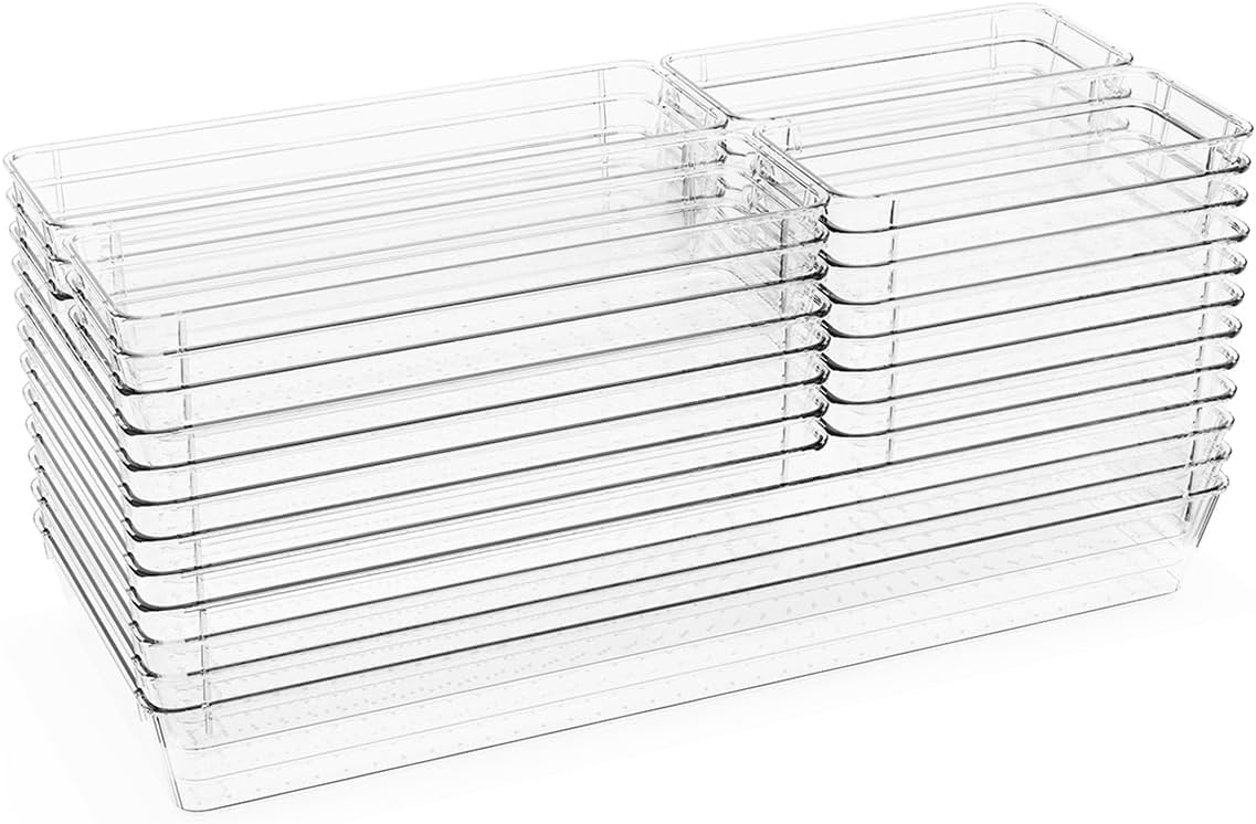 26 PCS Large Clear Drawer Organizer Bins, 5Sizes Plastic Versatile Desk Drawer Organizer Trays with Non-Slip Silicone Pads, Storage Bins for Makeup, Jewelries, Bedroom，Kitchen Utensils and Office