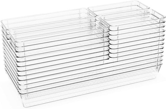 26 PCS Large Clear Drawer Organizer Bins, 5Sizes Plastic Versatile Desk Drawer Organizer Trays with Non-Slip Silicone Pads, Storage Bins for Makeup, Jewelries, Bedroom，Kitchen Utensils and Office