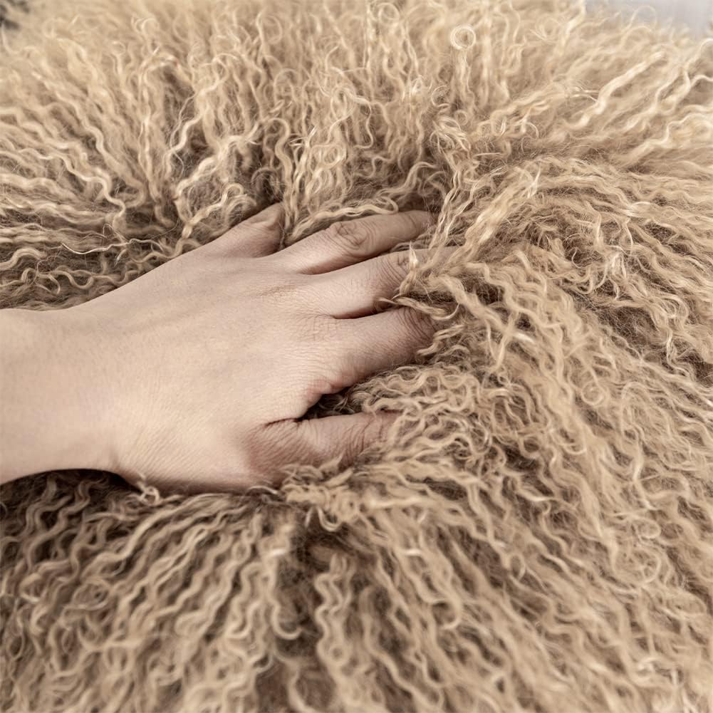 Seek4comfortable Mongolian Lamb Fur Throw Pillow Cover Real Fur Decorative Cushion Cover Pillow Case Home Decorative Square Throw Pillow Cover Plain Wool Pillow Protector, Khaki (18"x18")