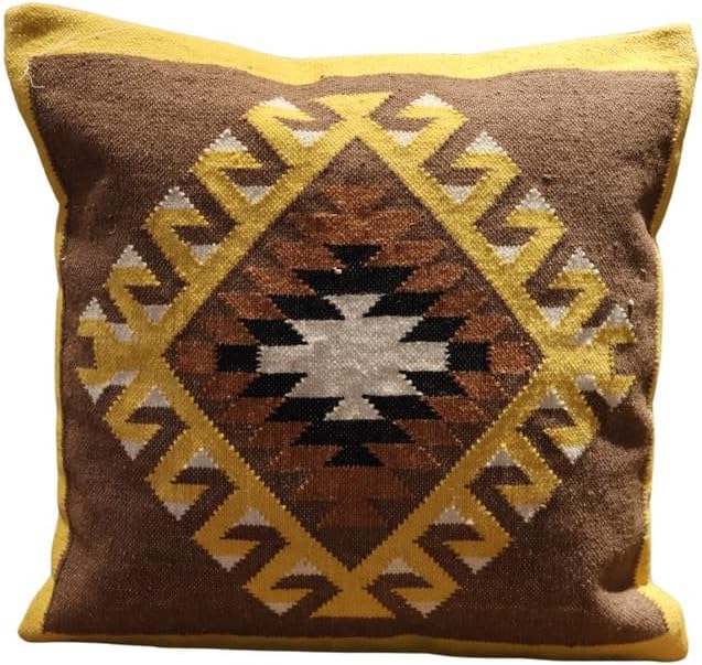 Handmade 100% Wool Kilim Pillow Cover – 18x18 Inches, Durable Indian Cushion Case, Premium New Zealand Wool for Home Decor (Orange, Pack of 1)