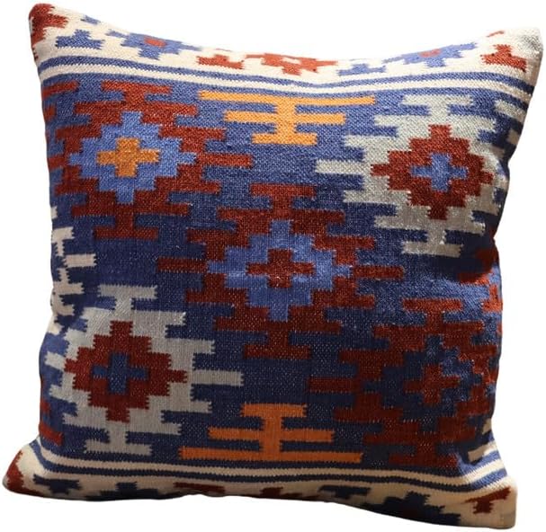 Handmade 100% Wool Kilim Pillow Cover – 18x18 Inches, Durable Indian Cushion Case, Premium New Zealand Wool for Home Decor (Orange, Pack of 1)