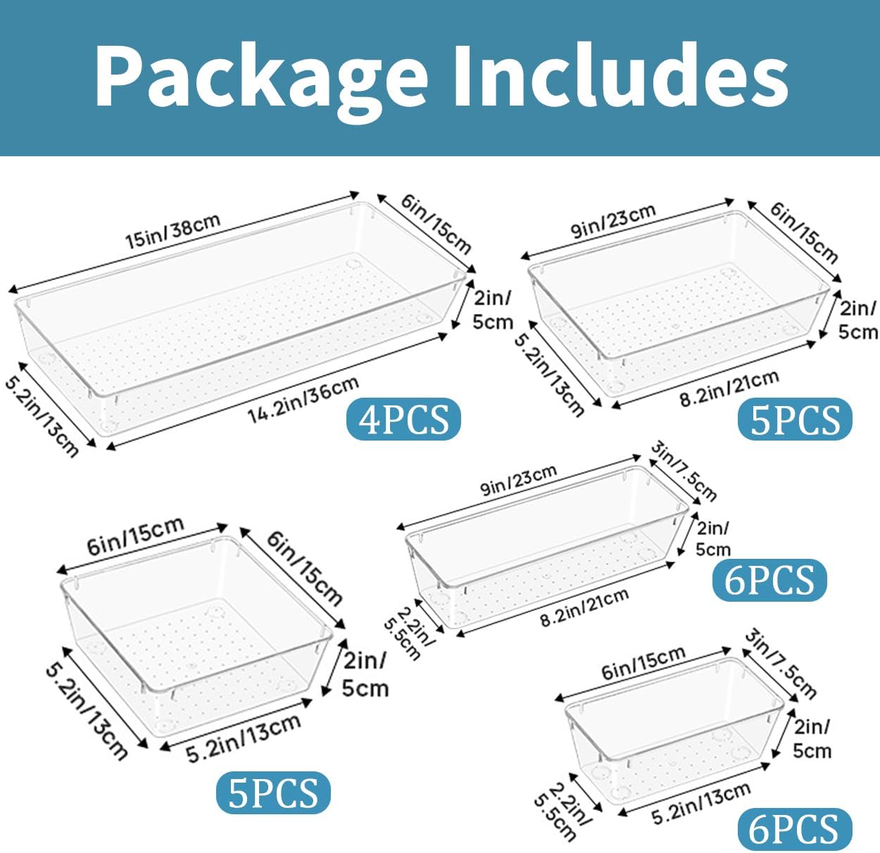 26 PCS Large Clear Drawer Organizer Bins, 5Sizes Plastic Versatile Desk Drawer Organizer Trays with Non-Slip Silicone Pads, Storage Bins for Makeup, Jewelries, Bedroom，Kitchen Utensils and Office