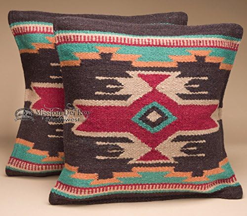 Mission Del Rey Southwestern Wool Throw Pillow Covers 18x18 - (Pair) 2 Hand Woven Western Pattern for Native American Style and Rustic Cabin Decor (Cheyenne)