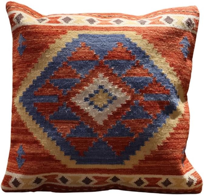 Handmade 100% Wool Kilim Pillow Cover – 18x18 Inches, Durable Indian Cushion Case, Premium New Zealand Wool for Home Decor (Orange, Pack of 1)