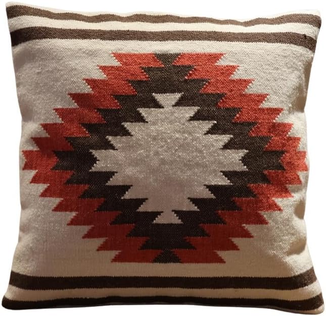 Handmade 100% Wool Kilim Pillow Cover – 18x18 Inches, Durable Indian Cushion Case, Premium New Zealand Wool for Home Decor (Orange, Pack of 1)