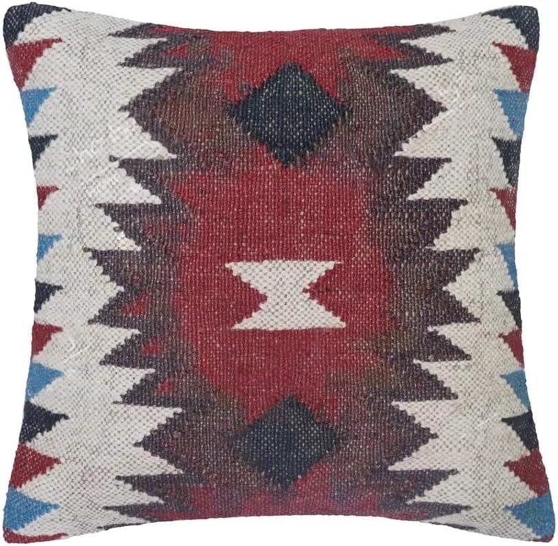 Boho Throw Pillow Covers Set of 4 | Handcrafted Kilim Wool & Jute Cushion Covers | 18x18 Inch Ethnic Decorative Pillowcases for Sofa, Couch, Bedroom & Living Room – Pattern 12