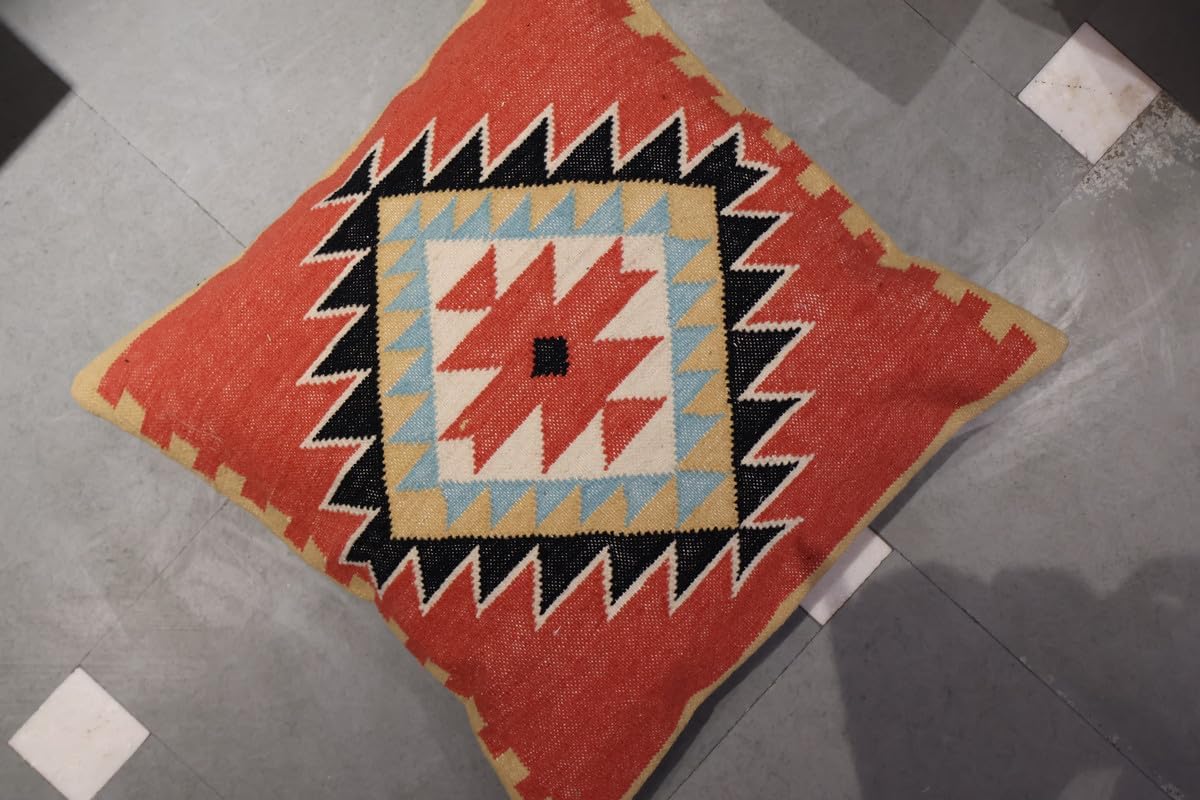 Handmade 100% Wool Kilim Pillow Cover – 18x18 Inches, Durable Indian Cushion Case, Premium New Zealand Wool for Home Decor (Orange, Pack of 1)