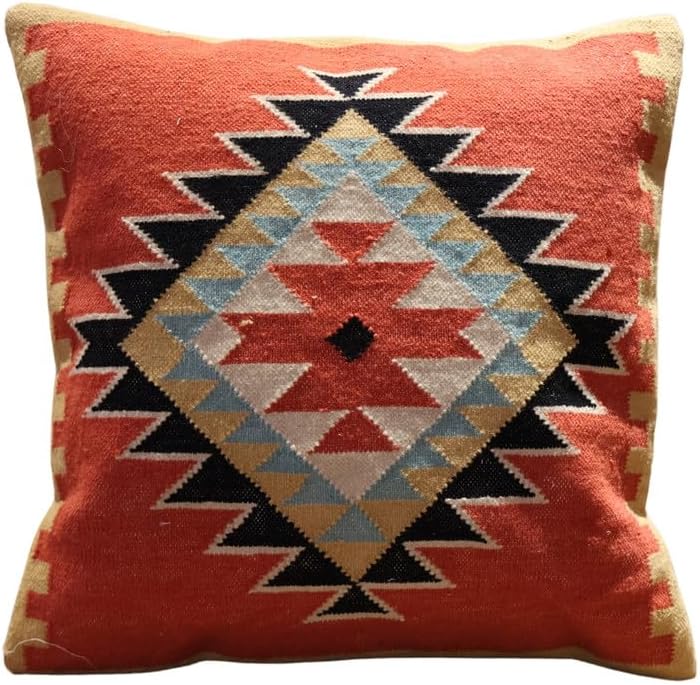 Handmade 100% Wool Kilim Pillow Cover – 18x18 Inches, Durable Indian Cushion Case, Premium New Zealand Wool for Home Decor (Orange, Pack of 1)