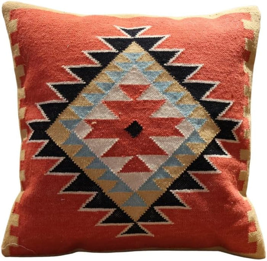 Handmade 100% Wool Kilim Pillow Cover – 18x18 Inches, Durable Indian Cushion Case, Premium New Zealand Wool for Home Decor (Orange, Pack of 1)