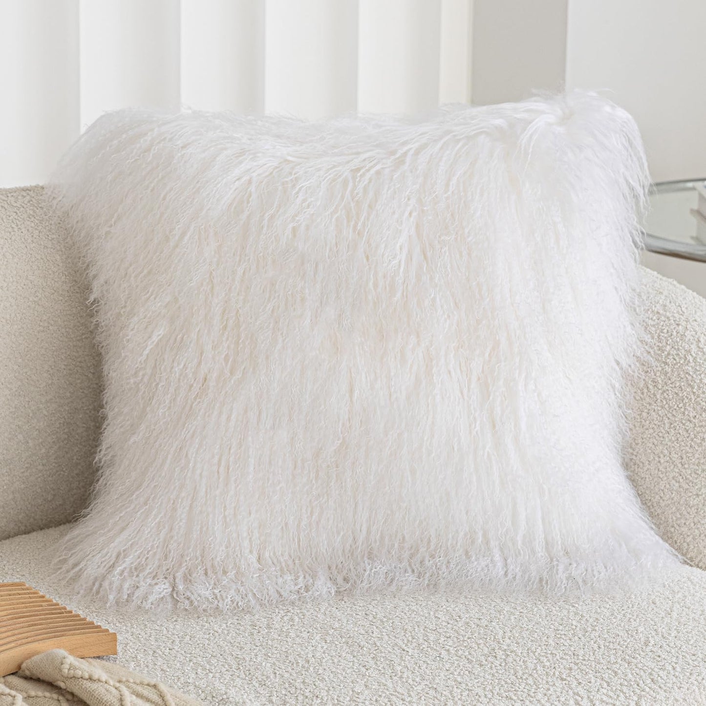 Real 100% Tibetan Mongolian Lamb Sheepskin Wool Fur Throw Pillow Covers White 18x18 Inch, Super Soft Plush Leather Accent Pillowcase Decorative Cushion Cover for Living Room Bedroom